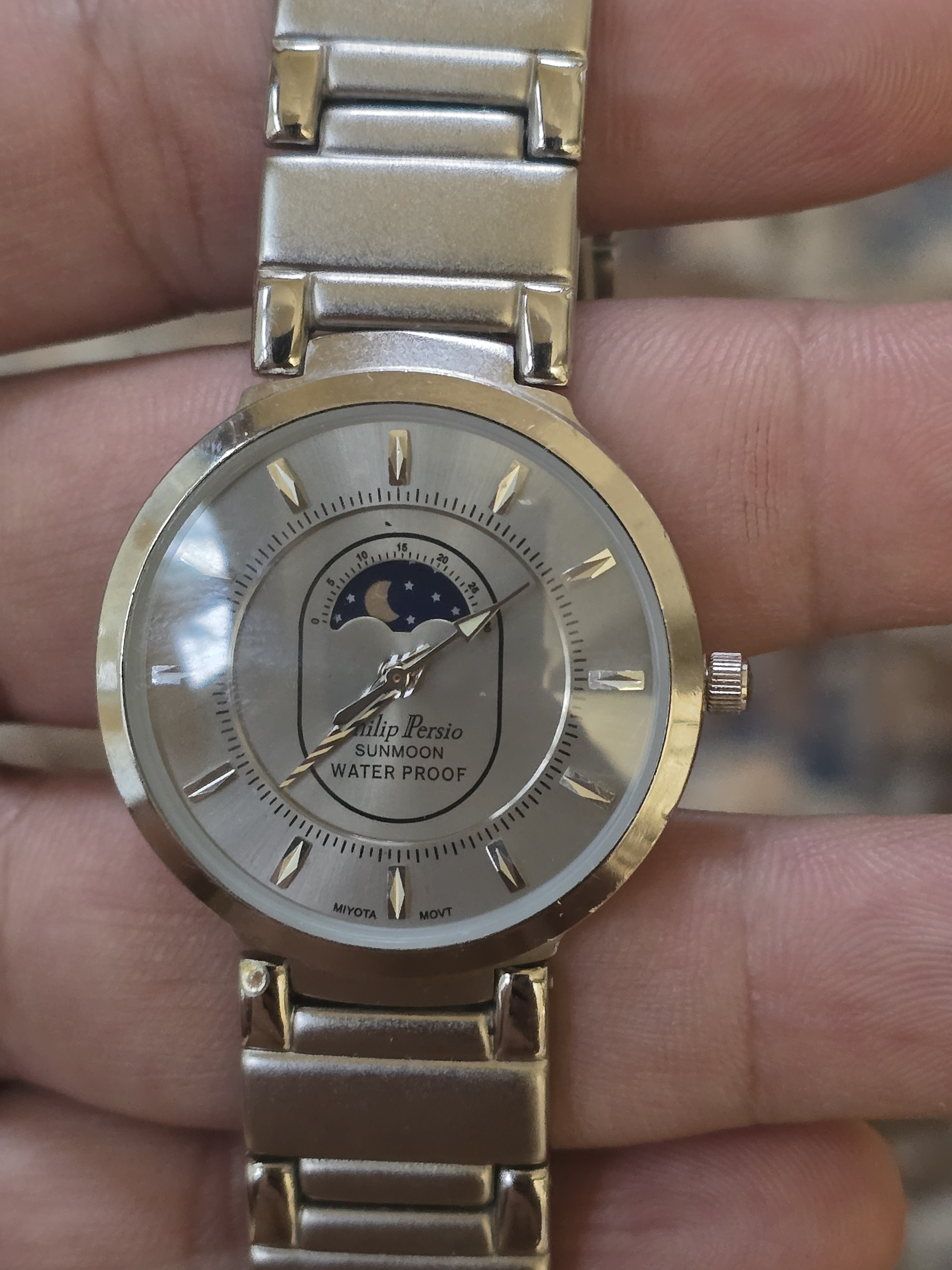 Silver Stainless Steel Watch With Moonphase